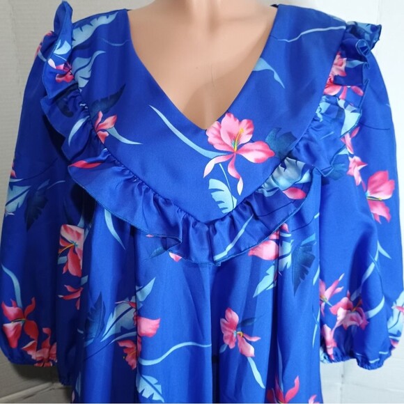 Vintage Island Fashions Made In Honolulu Hawaii Floral Blue Maxi Dress Size 18 - Picture 2 of 3